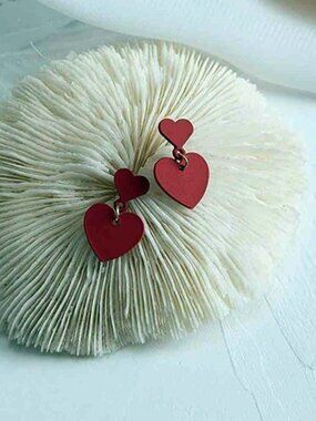 Burgundy Double Heart Dangle Drop Stud Earrings